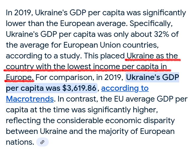 Screenshot Recherche Google-KI: "This placed Ukraine 2019 as the country with the lowest income per capita in Europe."