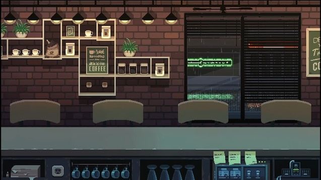 El interior de una cafetería típica en mitad de la noche, vista desde la barra, 4 sillas se encuentran frente al protagonista de la escena mientras que vasos y jarras de cristal adornan las estanterías y el interior del puesto. Se pueden apreciar los carteles brillantes de neon en la vereda del frente y la lluvia que cae incesante en la oscuridad de la noche.