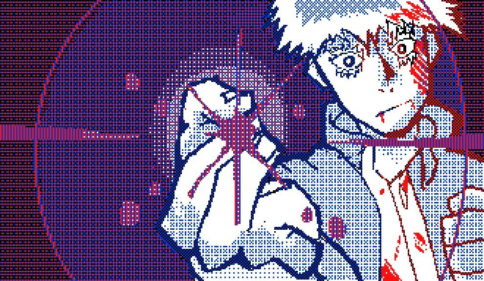 A flipnote esque artwork of Gojo using hollow purple for the first time
