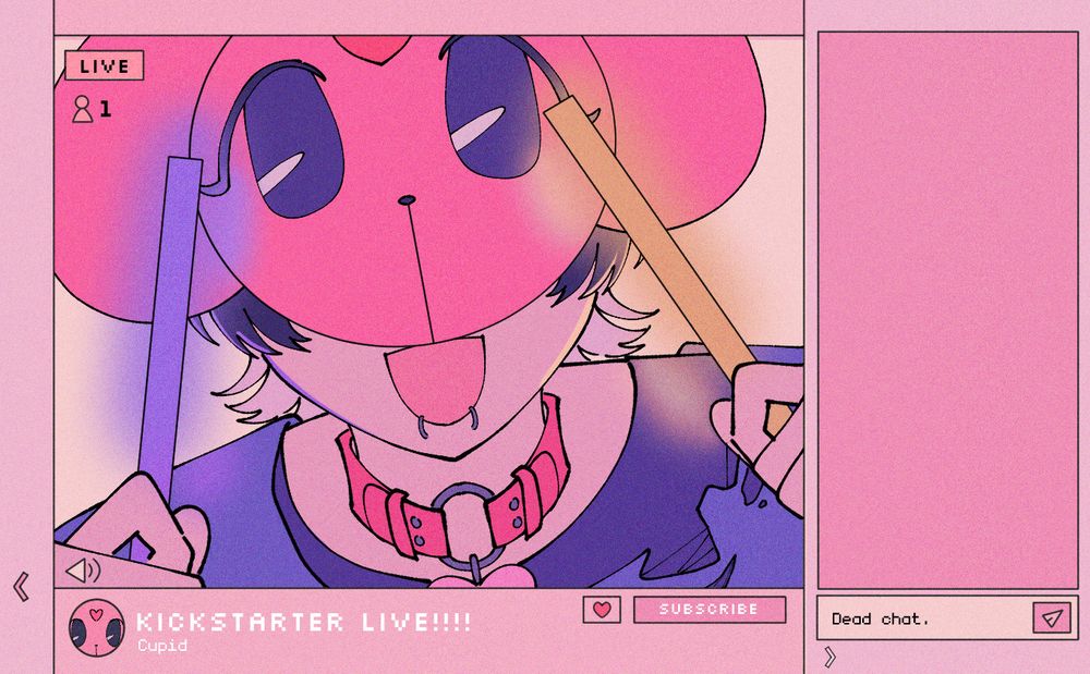 Cupid from Cupid's Chatroom going live on stream to promote the game's Kickstarter going live.