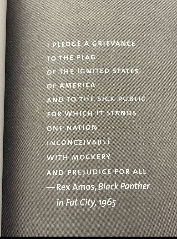 “I pledge a grievance to the flag of the ignited states of America, and to the sick public for which it stands, one nation, inconceivable, with mockery and prejudice for all “ Rex Amos, Black Panther in Fat City, 1965. Photo taken from introduction page of Jakobi Williams’ book From the Bullet to the Ballot. 