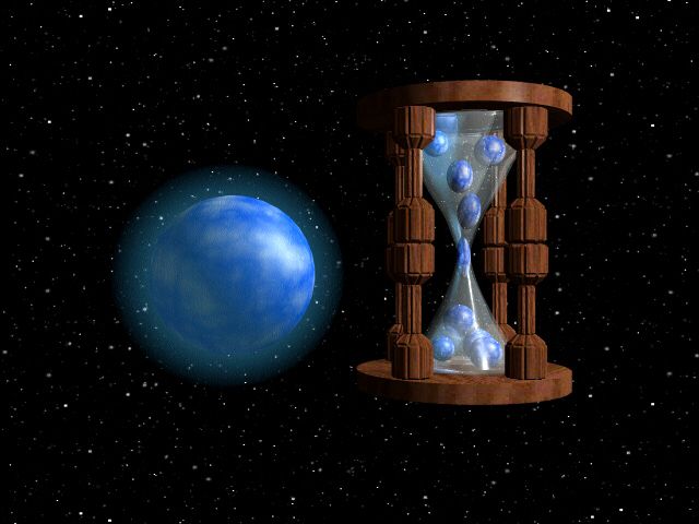 A late-1980s-style homespun computer graphics rendering of the planet Earth (with an inexplicable glow around it) seated in space as usual, and next to it of course the enormous wood-and-glass hourglass 1.5 times as tall as the Earth which as we all know also floats in space next to it, and also it has lots of little Earths inside of it instead of sand. Or maybe they are eyeballs? 
