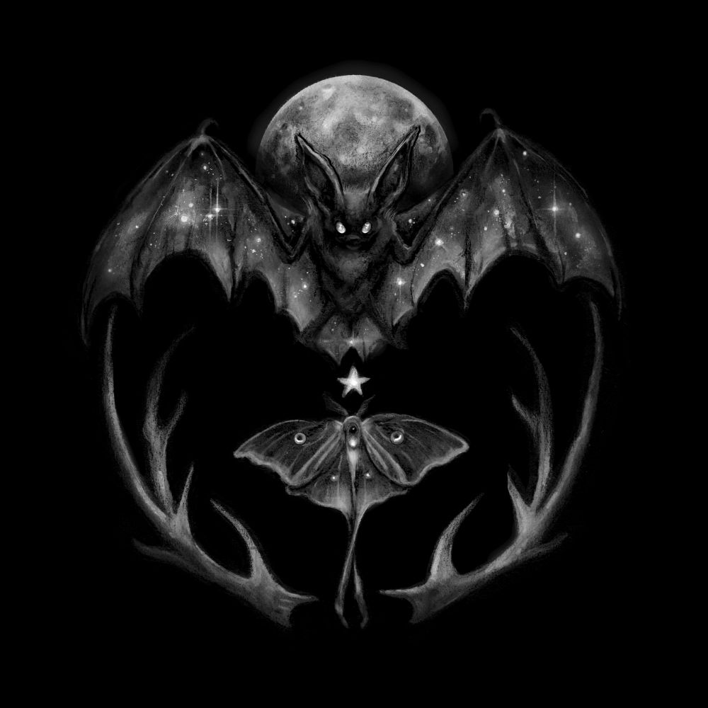 bat over moon hovering luna moth with antlers