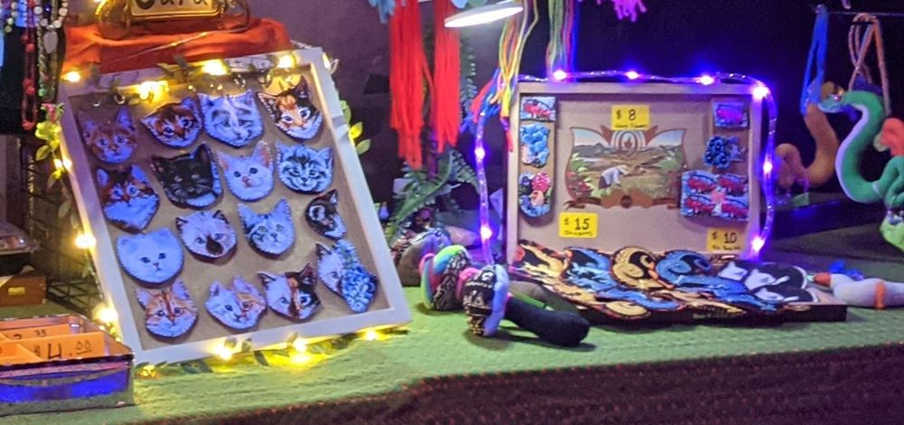 these are the cat patches on the white corkboard frame, the shroom plushies, and the dragon/flower patches in their cigar box display