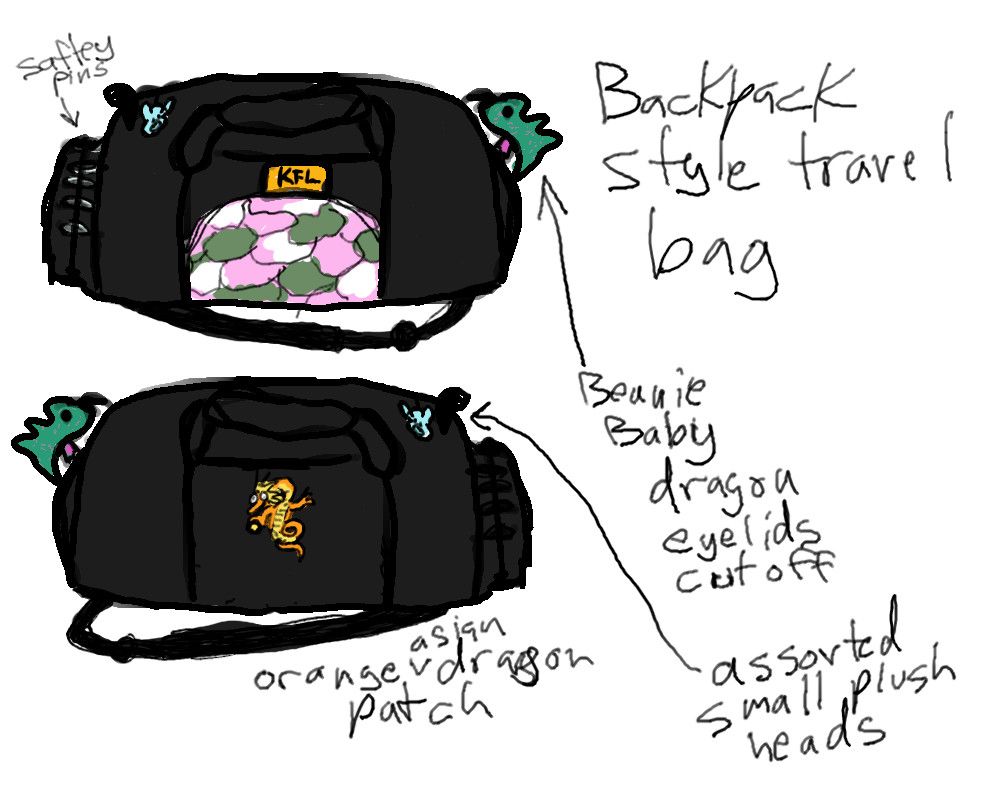 it's 2 drawings of a black backpack style travel bag with handles and the zipper on top. there's a beanie baby green and purple/pink dragon hanging off one of the zippers and there's various lil plush heads hanging off other zipper pulls. there's an orange asian dragon patch on one side and the other has a piece of green/pink/white fabric stitched on. my business card is/was in the side. it had a bunch of my vending stuff in the side pocket and xmas lights in the pocket being held on with safety pins