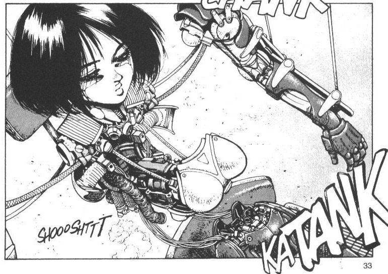 alita having to get popped apart after a race so they can fix up the body. of note, the presence of a boob shaped chest plate lol