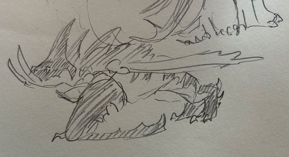 Pencil sketch on white sketchbook paper of a Deathgripper from the franchise ‘How To Train Your Dragon’.