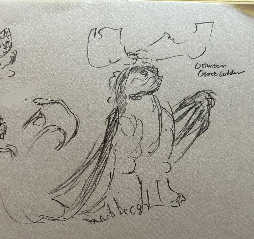 Pencil sketch on white sketchbook paper of a Crimson Gorecutter from the franchise ‘How To Train Your Dragon’ with text on the viewers right side that says; “Crimson Gorecutter”