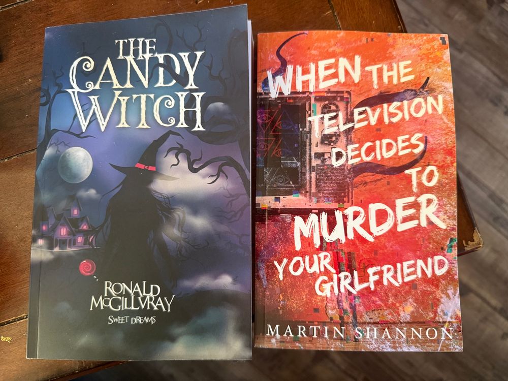 Two paperbacks: The Candy Witch by Ronald McGillvray and When the Television Decides to Murder Your Girlfriend by Martin Shannon. 