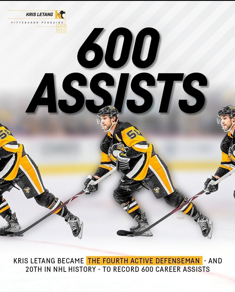 Kris Letang became the fourth active defenseman - and 20th in NHL history- to record 600 career assists.