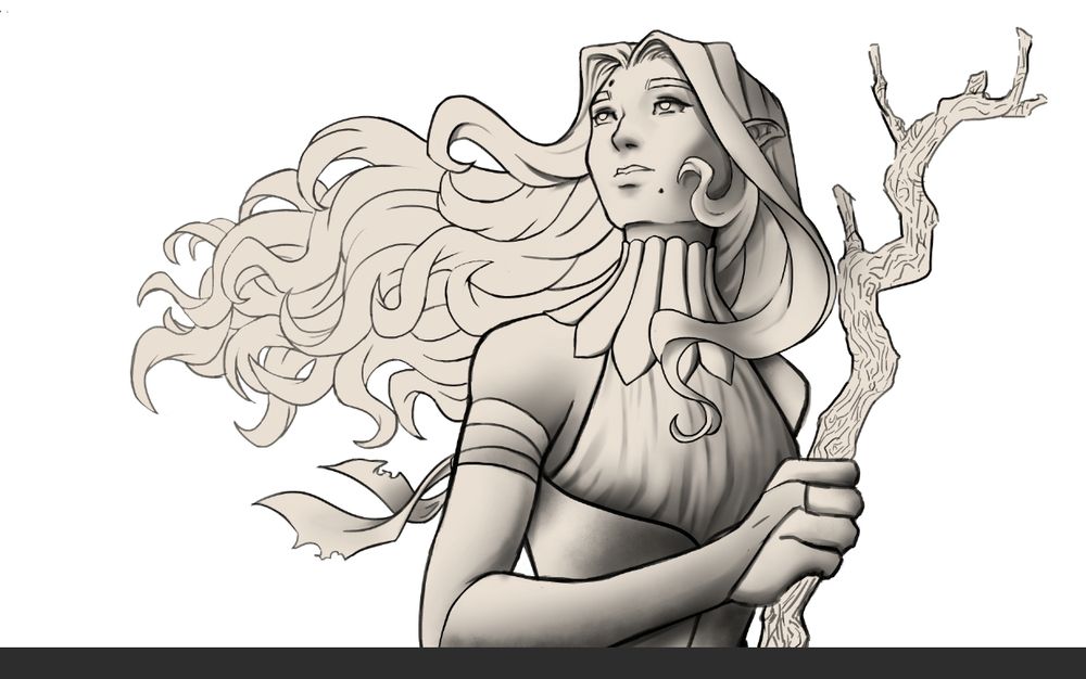 Long haired girl staring off into the distance with a stick on hand.