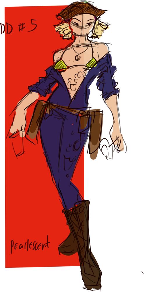 White woman with short blonde hair and a bandana over her forehead. She's wearing a yellow bikini with a mechanic uniform, brown boots, and a belt with tools.