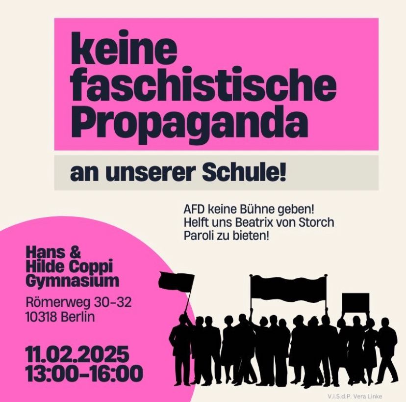 Keine faschistische Propaganda an unserer Schule! 11.2.25 von 13-16 Uhr am Hans & Hilde Coppi Gymnasium. 