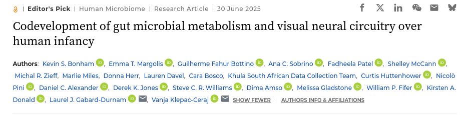> Alt: Screenshot of the title "Codevelopment of gut microbial metabolism and visual circuitry over human infancy", along with an author list. From DOI: 10.1128/mbio.00835-25