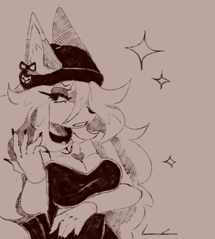 Art of gorgeous furry fox lady wearing skin tight clothing and a beanie with long luscious hair, looking off to the side a bit annoyed with one of her hands slightly raised above her chest. She has a bell collar on with matching bell bow earrings, all sketched in monochromatic colors