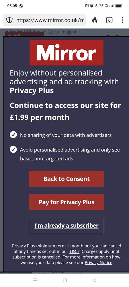 Cookie consent form from the Daily Mirror 