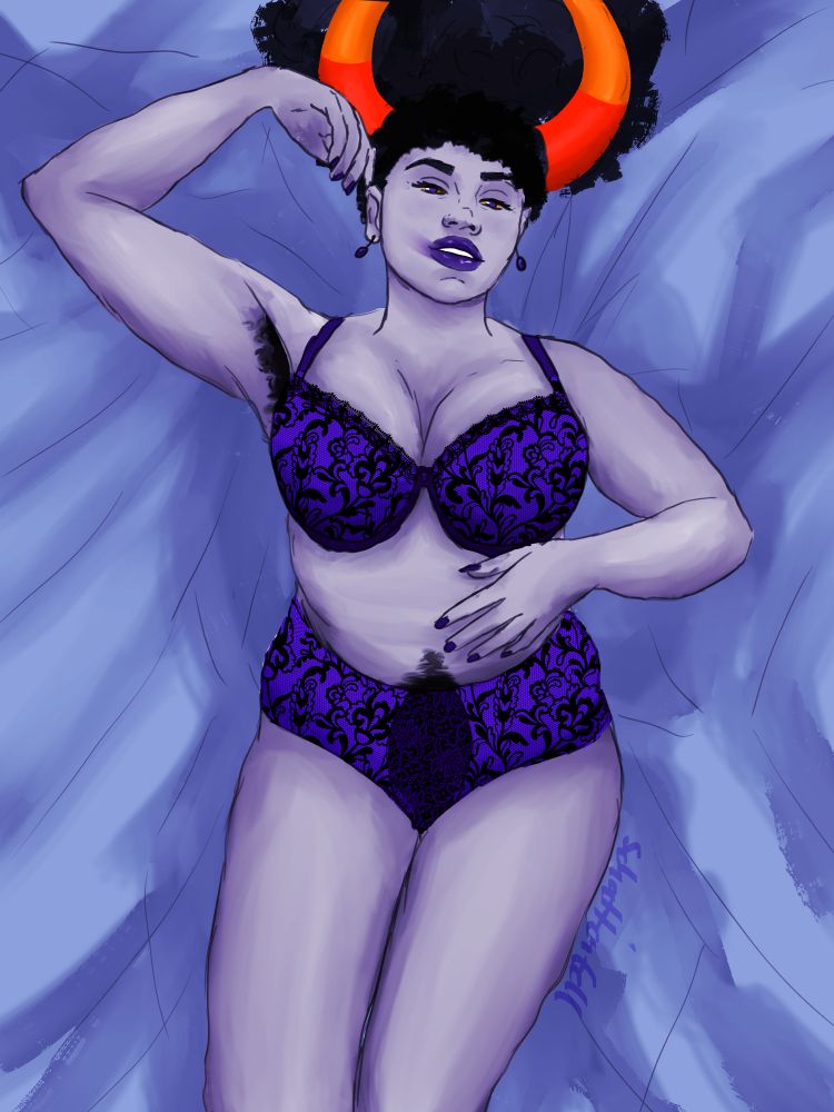 A painting of my fantroll Cyrila, a purpleblood troll with black coded features, posing suggestively in lingerie on a bed