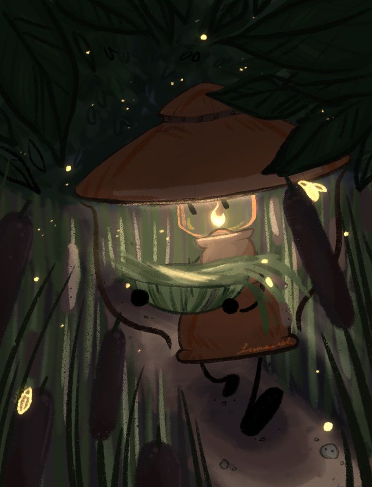 Airy from Hfjone walking amongst the reeds, a basket made of fiber holding reeds cradled in his arms. The glow of his head(?) and fireflies light the way.