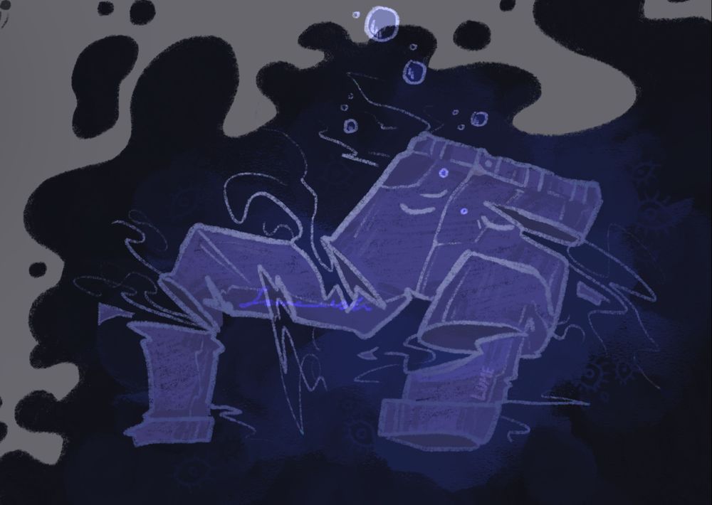 Jeans in floating in the void, torn to threads, bubbles floating up, and in a restless sleep(?), despite the emptiness it doesnt look like she's alone