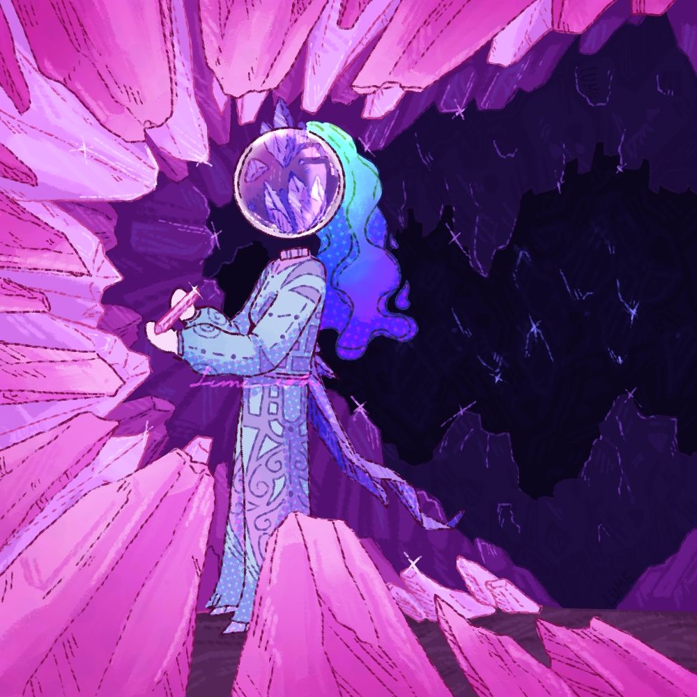 humanoid robot staring at a crystal in her hands in a crystal cave