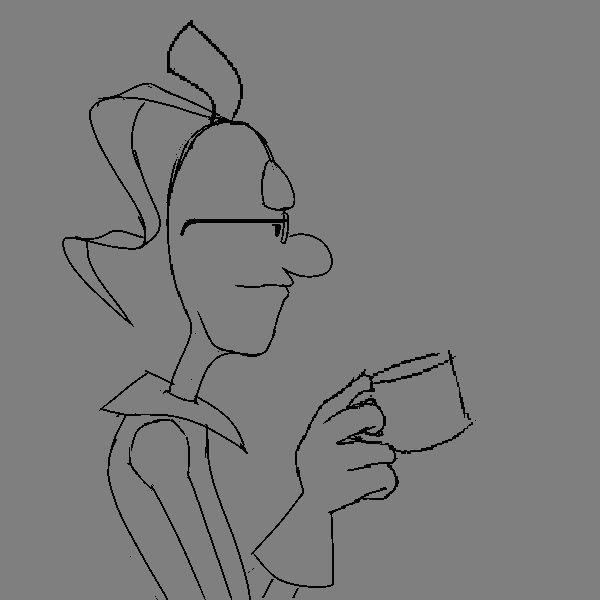 Sketch drawing of my character Mengoe:
A humanoid creature, drinking something from a mug while slightly hunched over.
Its form is cartoony - or uncanny, depending on how you want to look at it; the hands are massive, almost as big as his face, with arms and neck impossibly thin. The head is elongated, especially the forehead and chin, and the nose is unnaturally round.
Other details include him wearing glasses and gloves, having a stem that curves backward with a leaf coming out of it, resembling a ponytail of sorts.