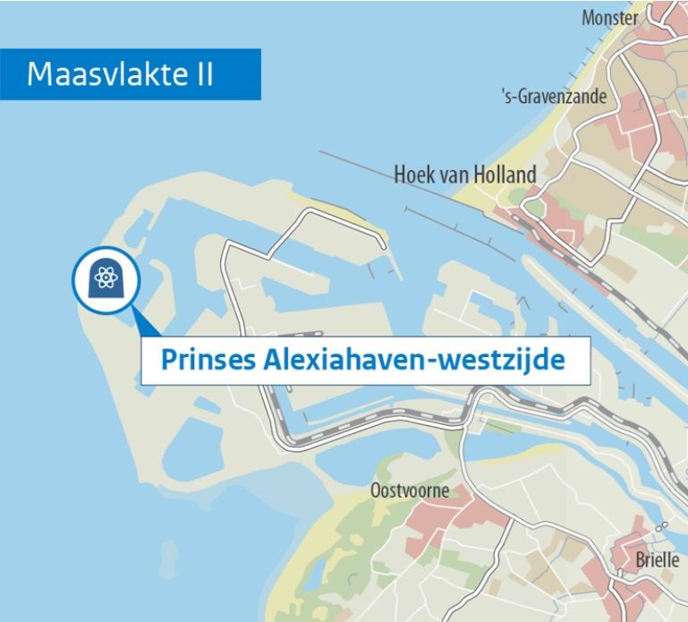Kaartje van Maasvlakte II waar mogelijkheden voor kernenergie worden onderzocht: Prinses Alexiahaven-westzijde.