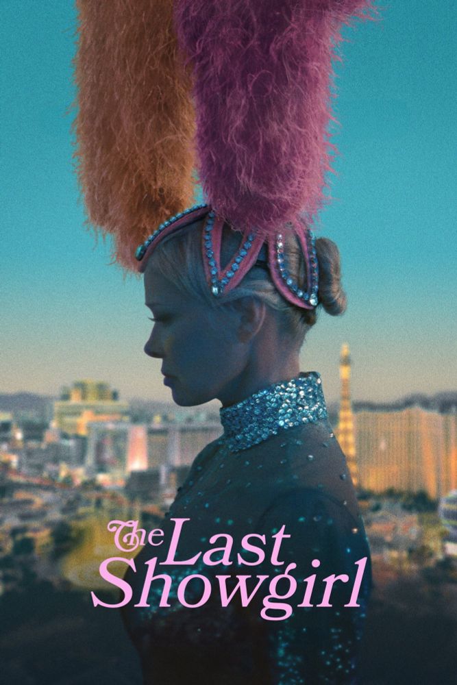 a poster for the film “the last showgirl” featuring a side profile of pamela anderson in a showgirl outfit with las vegas in the background