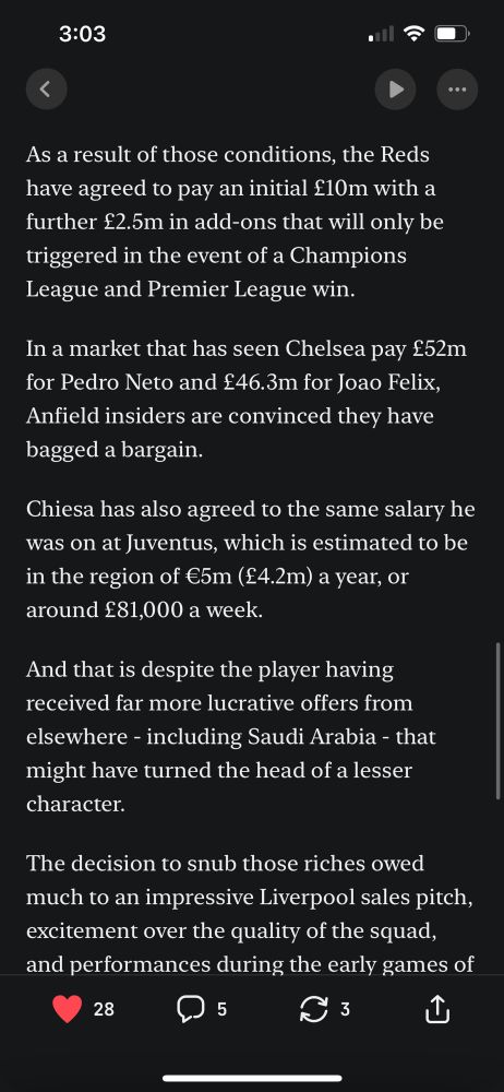 Screenshot of an article from David Lynch in which he says Chiesa signed for 81k pounds per week