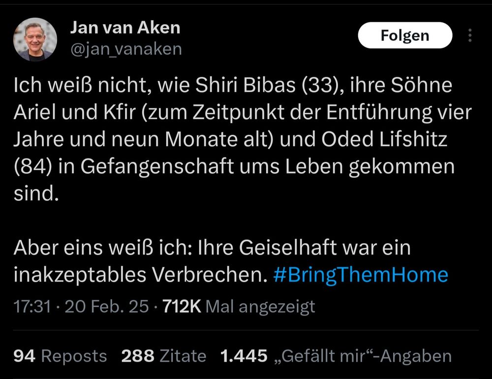 Ein X-Post von Jan van Aken zu getöteten israelischen Geiseln im Gazastreifen. 