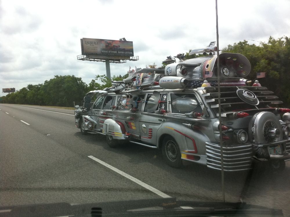 What appears to have started life as a classic Mercedes stretch limo had an unfortunate trip through a junkyard full of cast-off Star Trek and Star Wars props.
