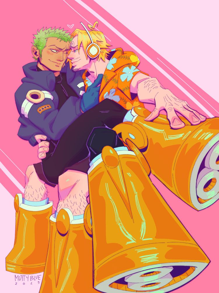 in their egghead fits, a blushing zoro sits in sanjis lap with crossed legs, they make intimate eye contact, sanji has a hand at his waist, the other splayed out over one of zoro's DOM booties