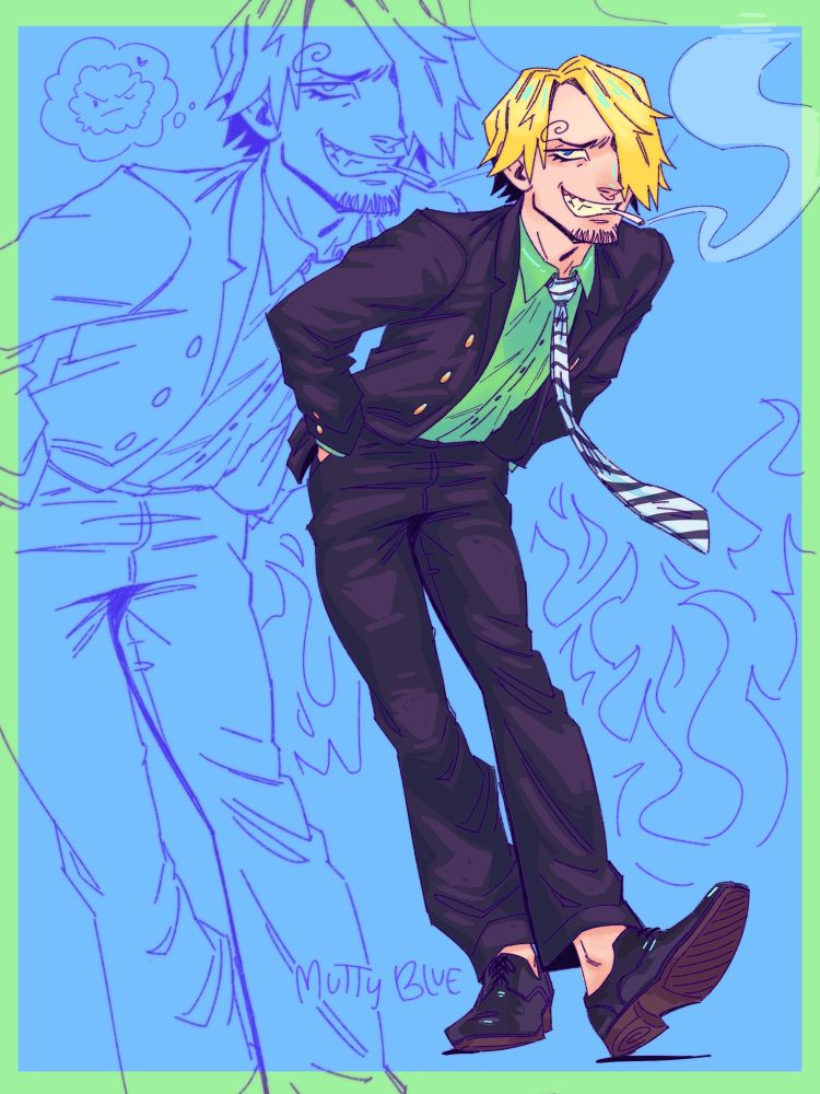 Pre-timeskip Sanji in his Sabaody suit leaning forward with one foot flexed up, his heel to the ground, hands in pockets, he has a cocky grin on his face, cigarette in mouth of course