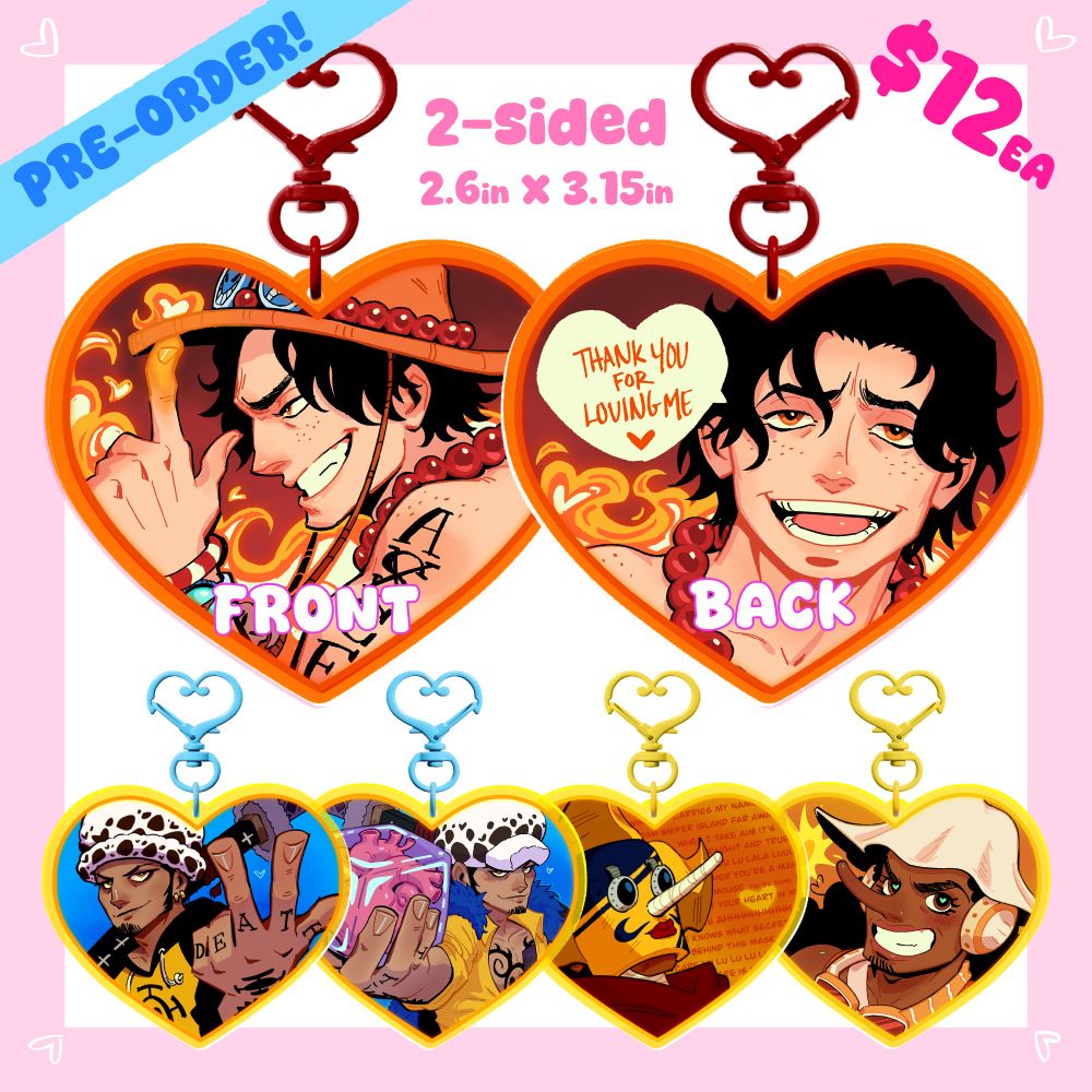 Preorder poster of 3 heart keychains of Portgas D Ace, Trafalgar Law, and Sogeking/Usopp