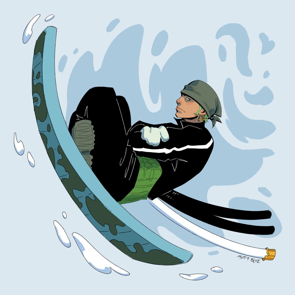 Zoro dressed in an athletic ski fit sitting on a snowboard basically sledding through snow