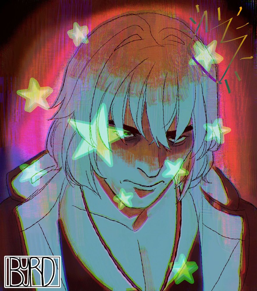 Ken Masters with head down and an angry expression. A bunch of stars are scattered around the image. There is a doodle of a crown above his head. The color scheme is neon and psychedelic. The signature is in the bottom left corner stating Byrd in all caps.