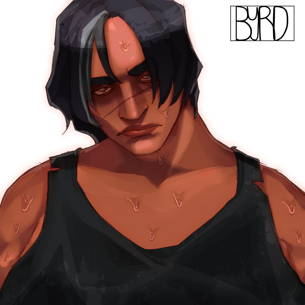 My OC Professor Wolfe staring at the viewer with a firm expression, she is sweating and her head is tilted to the side. 