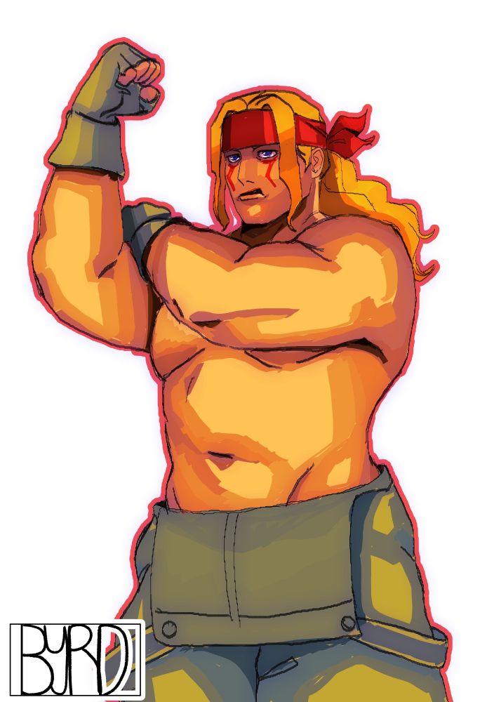 Drawing of Alex from Street Fighter 3rd strike. He is flexing his arm, the background is white here surrounded by a red outline. My signature is in the bottom left corner stating byrd in all caps. 