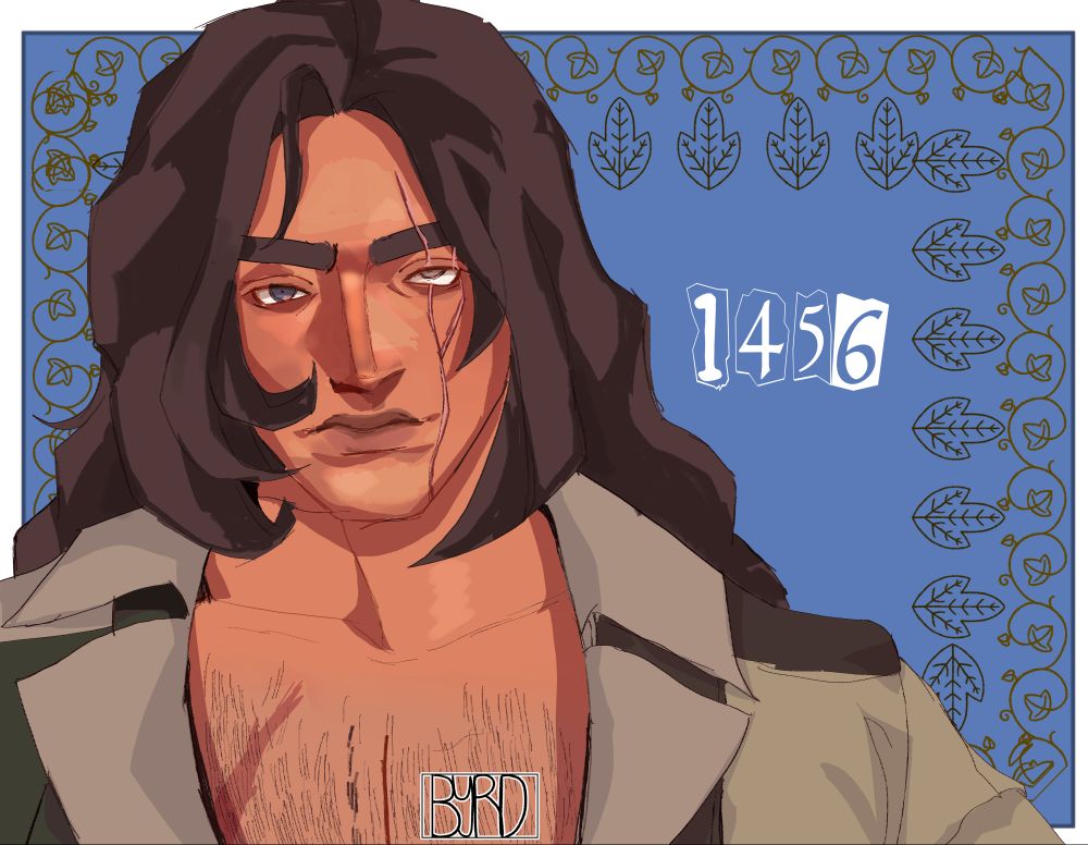 Trevor Belmont looking ahead with a smile. There is a blue rectangle behind him, with gold scrawling, next to him is the year 1456.