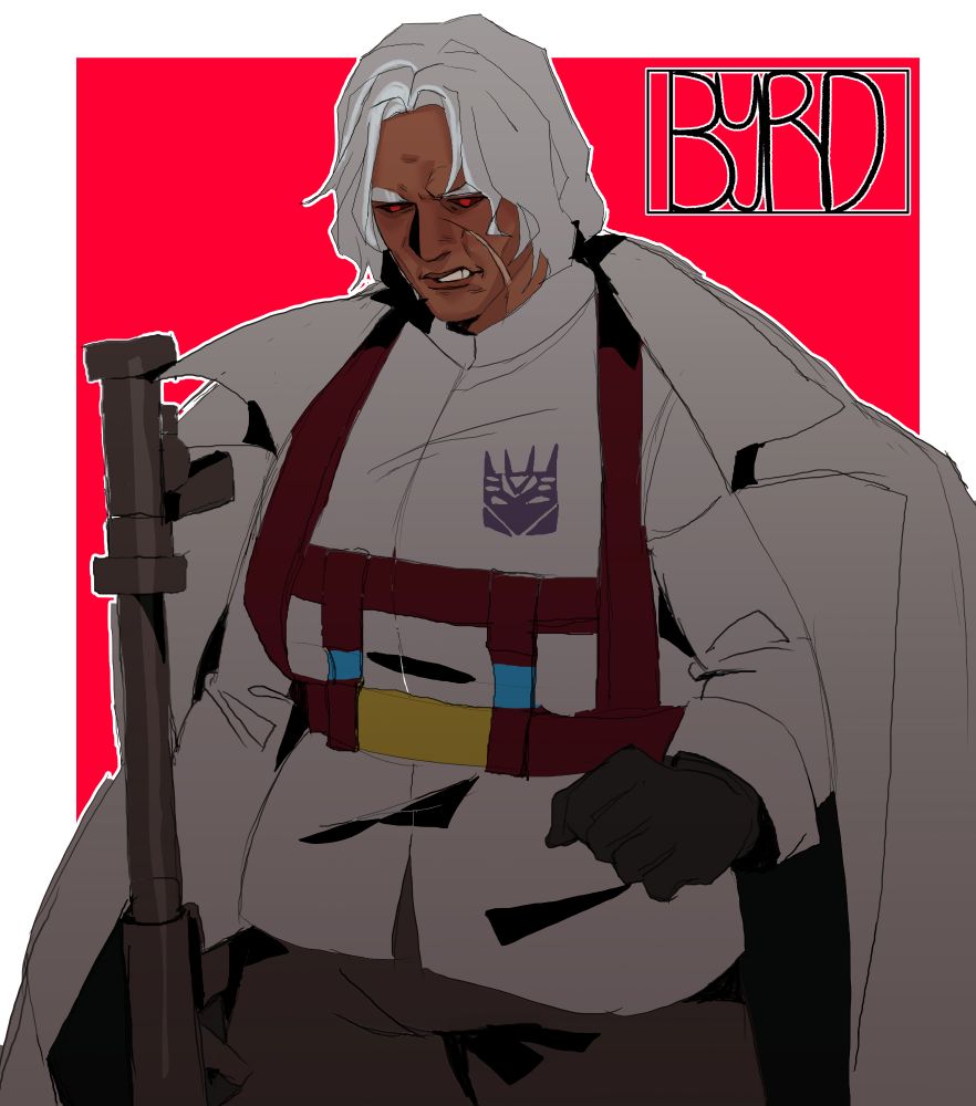 My rendition of a human megatron, he has bright red eyes and is scowling while wearing an open coat and holding a rocket launcher.