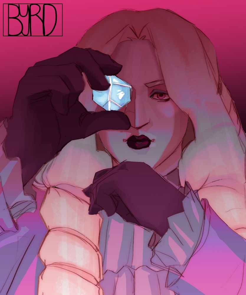 My OC Professor Blanc, she is holding a jewel in front of her face, directly in front of her eye. She is smirking at the viewer. 