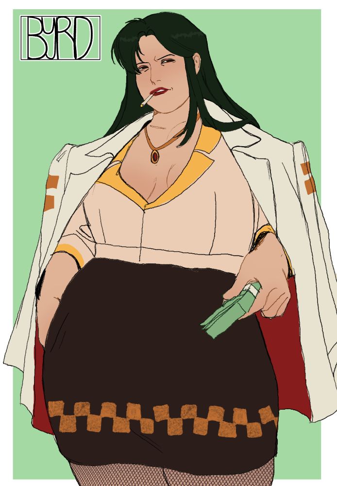 My OC Professor Juno, a woman with green hair and a shirt with gold and a dark brown skirt with a gold checkered accent. On her shoulders is a white jacket with gold accents. She is smoking and holding a wad of cash. 
