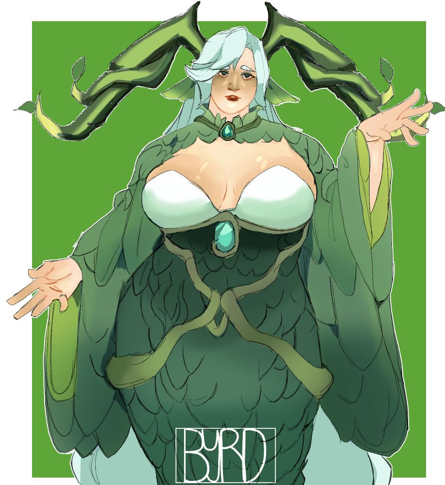 A woman with branches for Antlers and leaf years wearing a tree and root-themed dress.