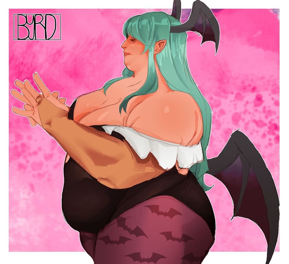 A drawing of Morrigan with her hands clasped together and a calm expression on her face.