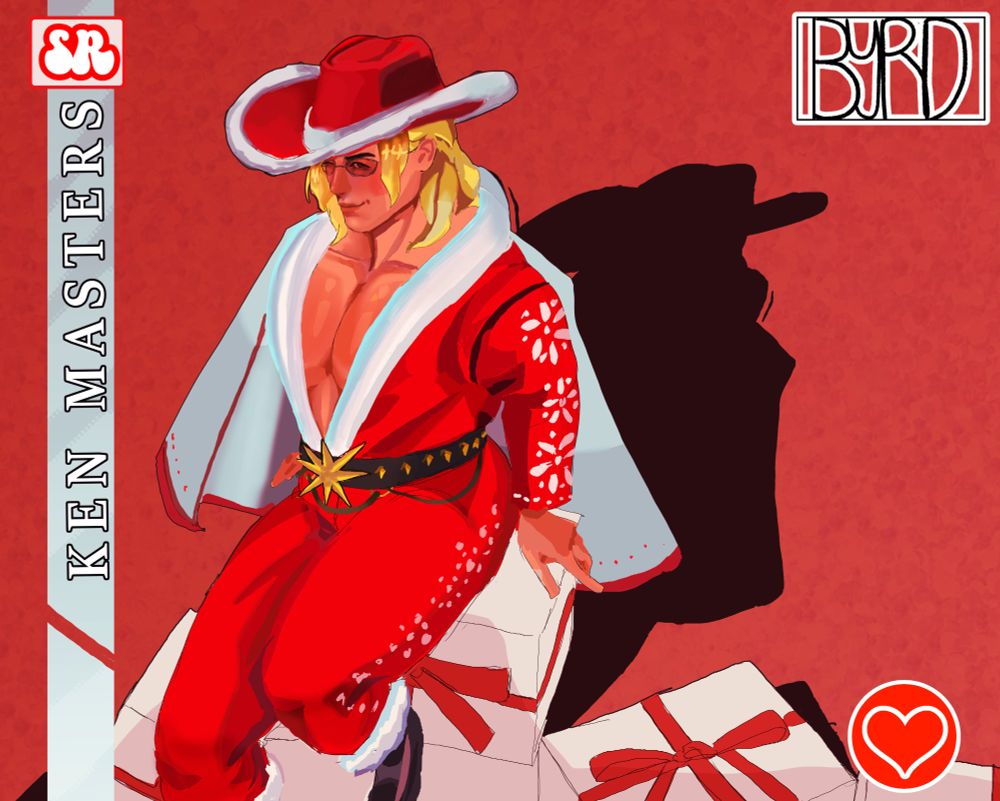 Ken Masters is sitting on a pile of presents in his SF5 Christmas alt, smiling at the viewer. The image is in the style of a gacha card.