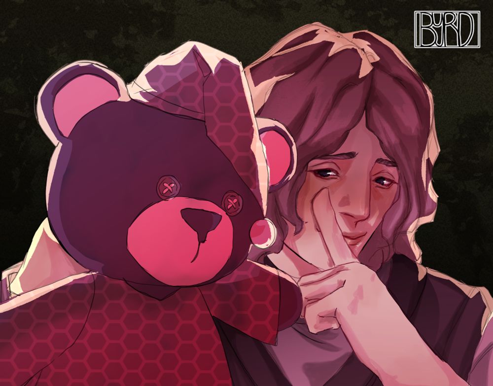 My original character, Dr Morfeo Somnus, with a teddy bear puppet as he shushes the viewer with a smile.