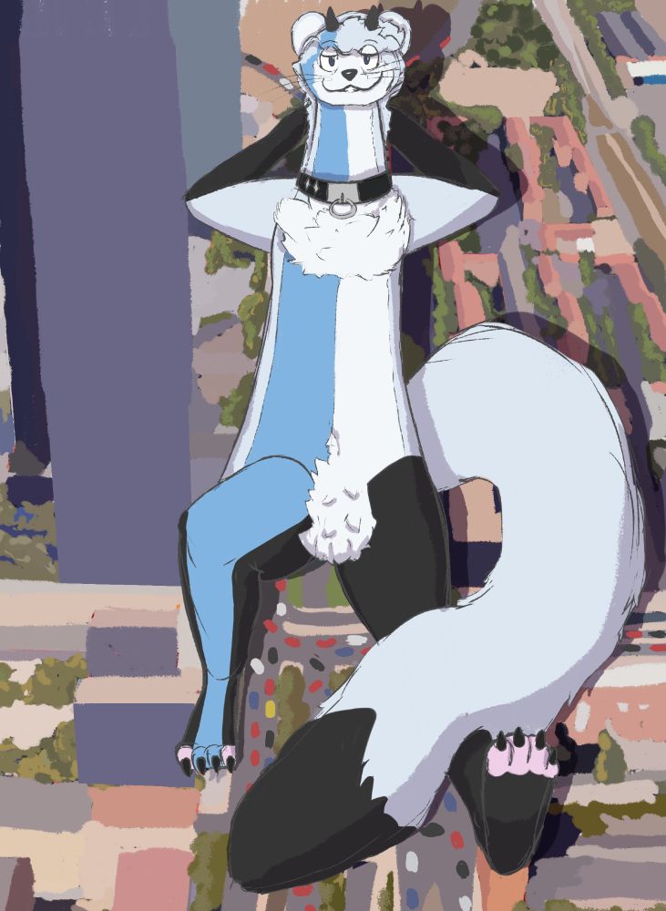 Macro stoat lying in the middle of several roads blocking traffic.