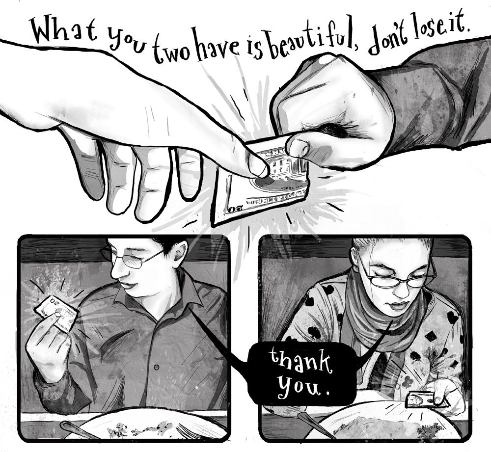 A few panels from Star St.Germain's piece from "HeartBreak Comics". It depicts someone passing half a 20 dollar bill to someone else. Below that are a man and a woman each holding half of a 20 dollar bill.