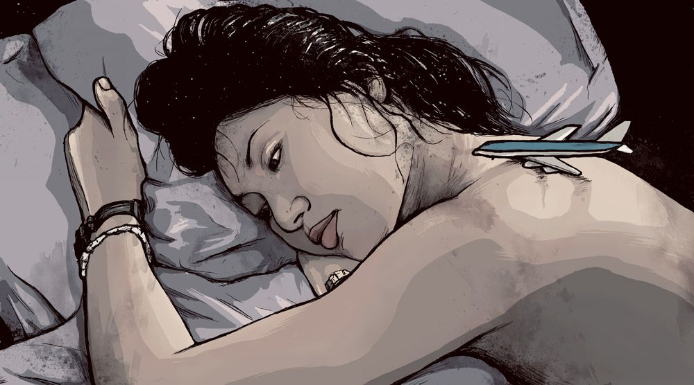 An illustration to promote a screening of the movie Chungking Express. A woman with dark hair lying on a bed with a small toy plane on her shoulder. The illustration is by Star St.Germain.