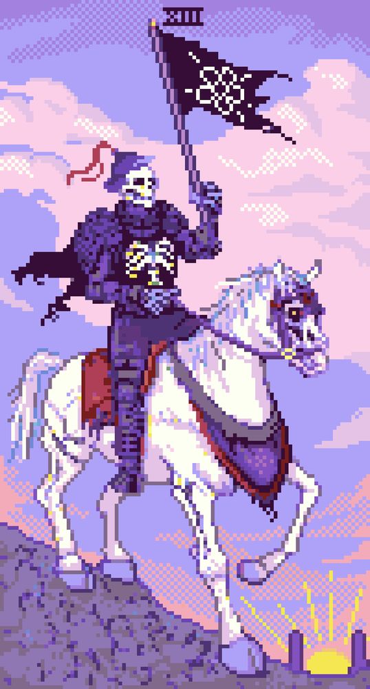 Pixel art of the death tarot card, a skeleton in armor atop a partially skeletal horse, illustrated in pastel hues by Star St.Germain