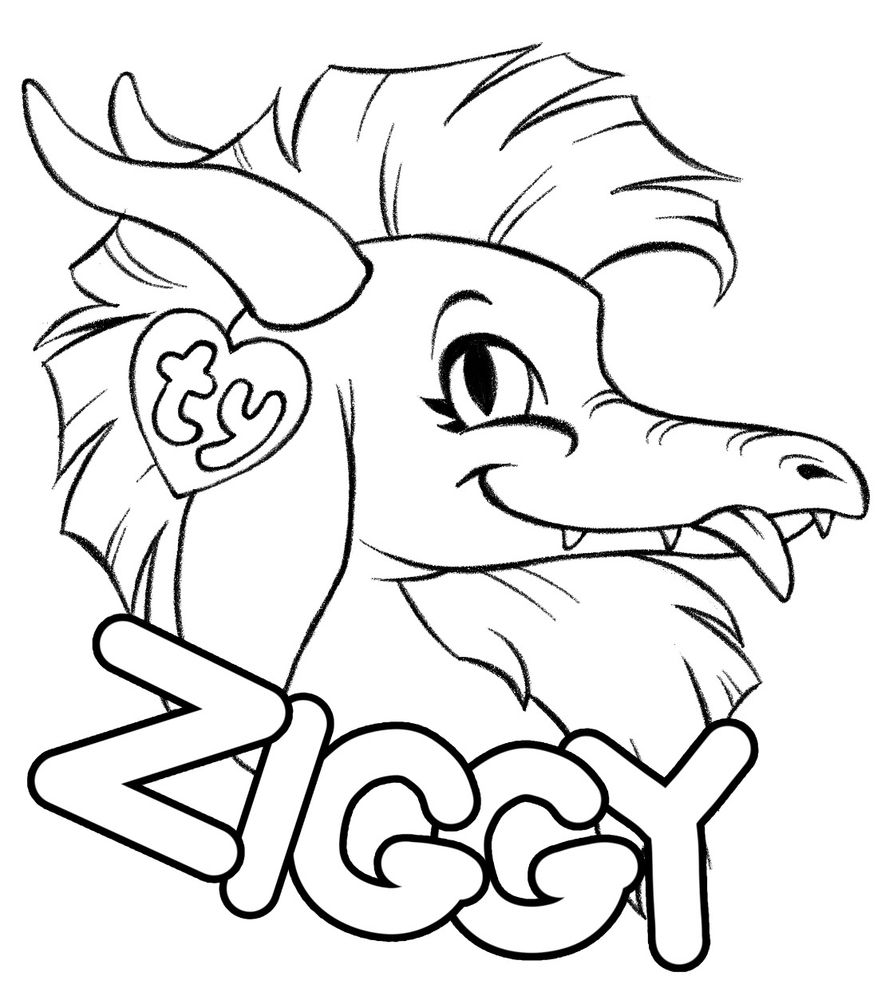 A black and white line art drawing of a dragon side profile. Big bubble letters on the bottom spell out Ziggy. The dragon has a mohawk, horns, a beard and a TY toy tag.